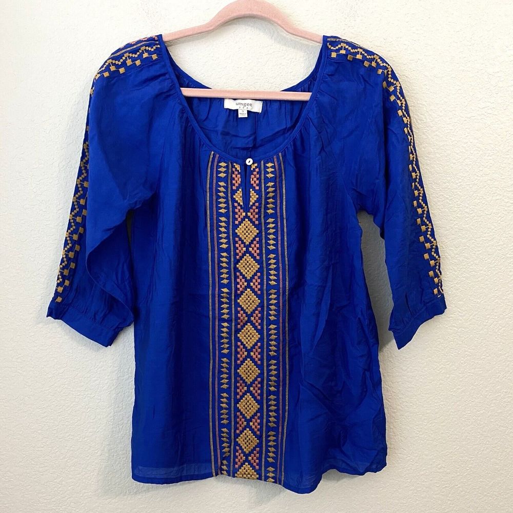 Umgee Blouse Top Womens Small Aztec Blue Embroidered Peasant
